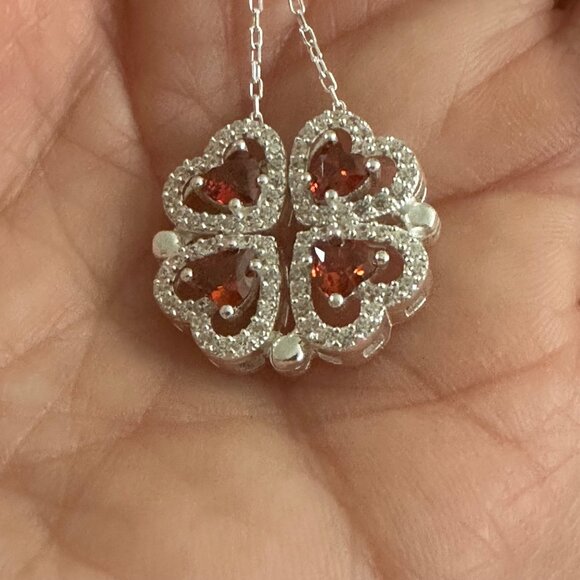 Silver 924 Four Reds Heart Magnetic Chain Clover Handmade 18” - Picture 2 of 11